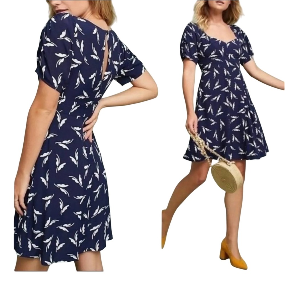 Maeve Anthropologie Navy White Leaf Print Dress Puff Sleeve Size 0